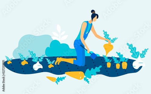 Woman in Blue Jumpsuit with Spade in Hand on Garden Bed. Grow and Harvest Vegetable. Vector Illustration. Natural Product. Woman Harvest in Garden. Farm Products. Grow Vegetables Fruit. Farm Business.