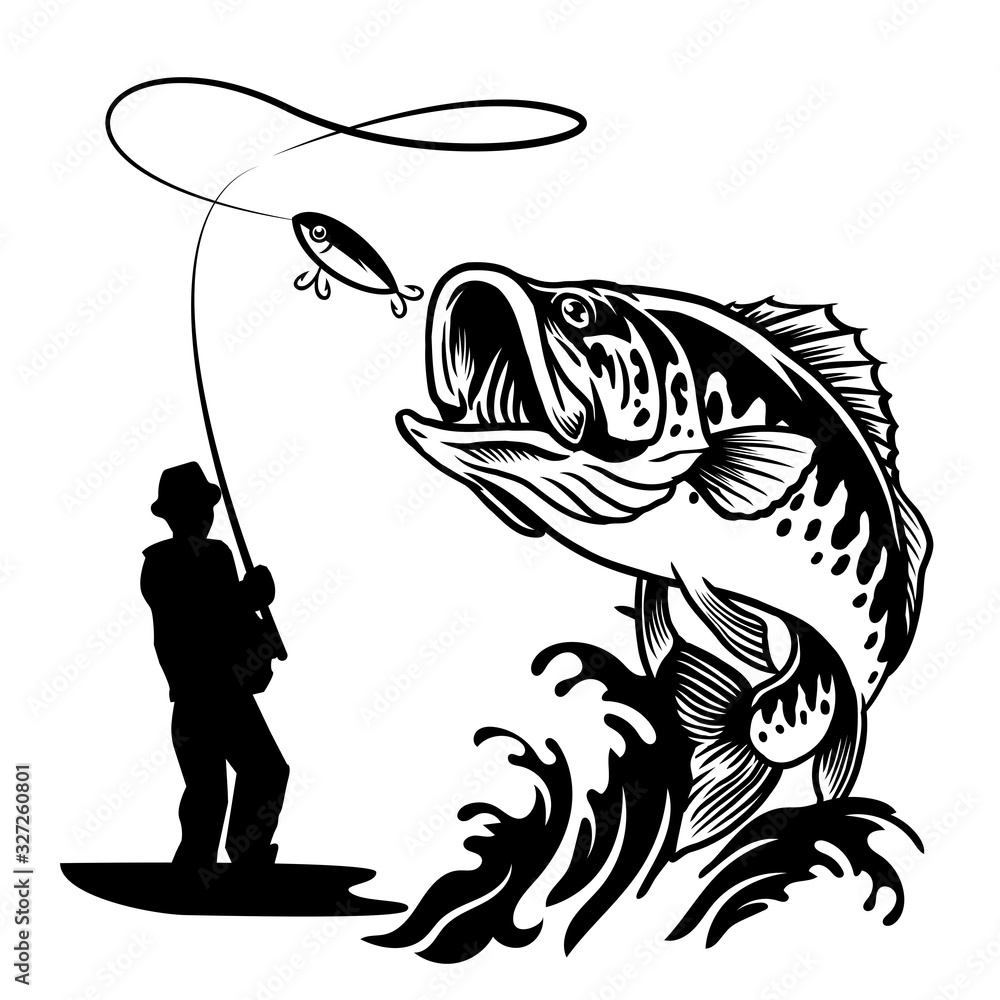 Photo fisherman catching the big bass fish in black and white style