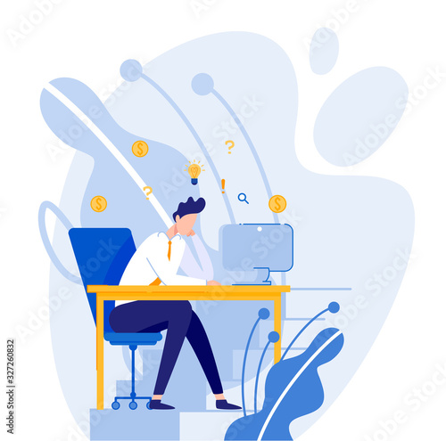 Despaired Office Employee, Disappointed with Present Work and Pay Levels, Searching Internet to Find Way for Extra Earnings. Frustrated Businessman, Dreaming Easy Money. Tired and Exasperated Worker.