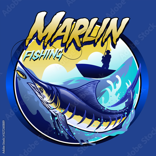 t-shirt design of marlin at the sea