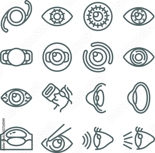 Eye Surgery Ophthalmologist set vector illustration. Contains such icon as Cataract Surgery, Corneal Surgery, Intrastromal Corneal Ring, Dry Eye and more. Expanded Stroke