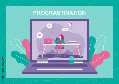 Banner with Procrastinating Woman on Laptop Screen. Female Worker Cartoon Character Reading Fashion Magazine and Having Coffee Break instead Office Work. Vector Illustration with Flat Foliage