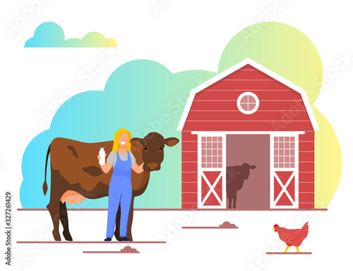 Young Milkmaid Woman in Uniform Holding Milk Bottle Stand near Cow on Barn Background. Dairy Farmer Agriculture Products, Farming Rancher Girl Working on Animal Farm. Cartoon Flat Vector Illustration