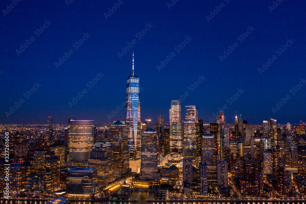 New York City skyline with WTC in sunset, aerial photography 
