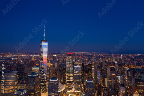 New York City skyline with WTC in sunset, aerial photography 