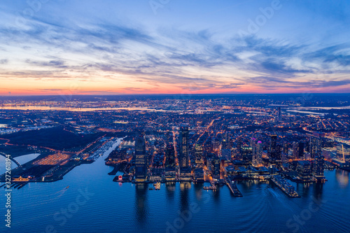 Jersey City skyline with waterfront in sunset, aerial photography 