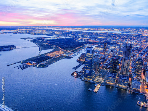 Jersey City Skyline with Hudson River in twilight, aerial photography 
