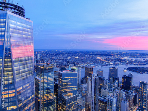 New York City WTC with East River in sunset, aerial photography 
