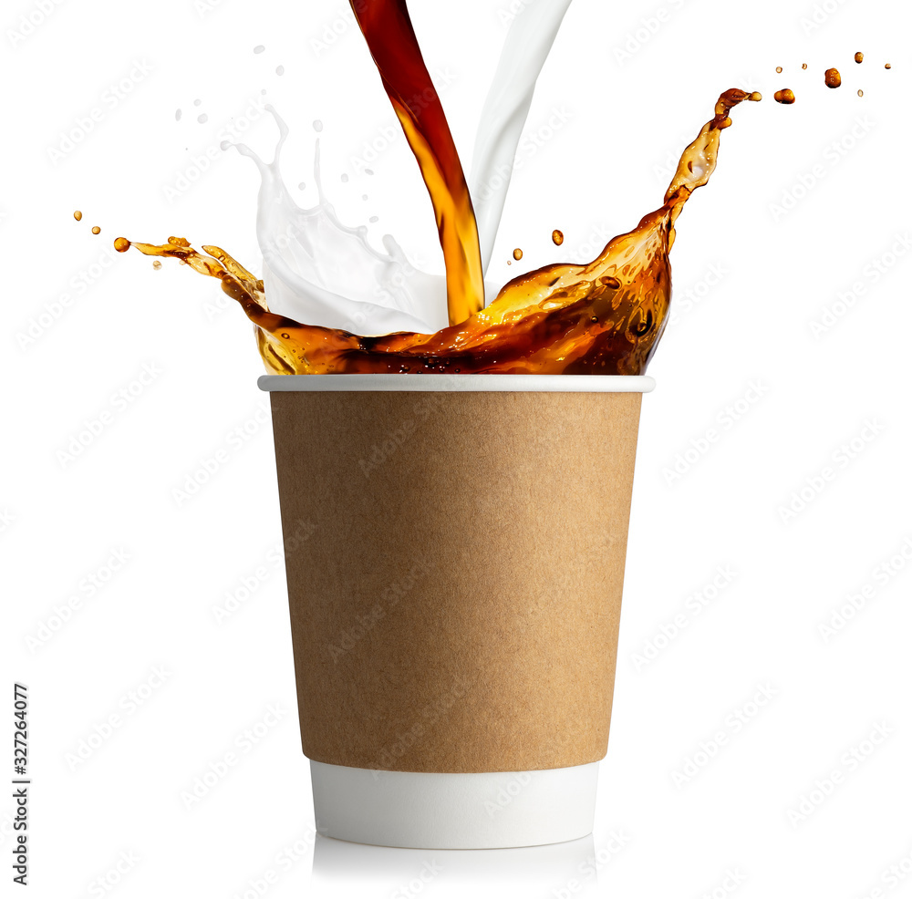 Fototapeta disposable cup with coffee and milk splashes
