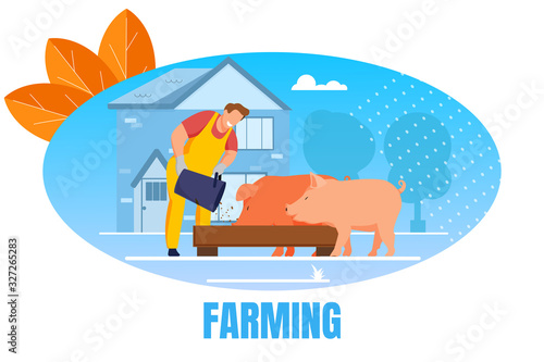 Farming Banner. Man Feeding Pigs Putting Grain in Trough in Livestock. Farmer Character at Work Process Care of Domestic Animals at Farm. Agriculture, Husbandry Ranch Cartoon Flat Vector Illustration