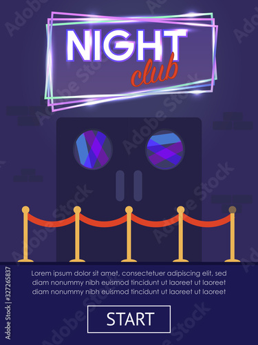 Night Club Advertising Vertical Flat Banner. Mobile Page with Start Button. Cartoon Entrance to Nightclub with Face Control and Neon Sign. Evening Party Design. Vector Invitation Illustration