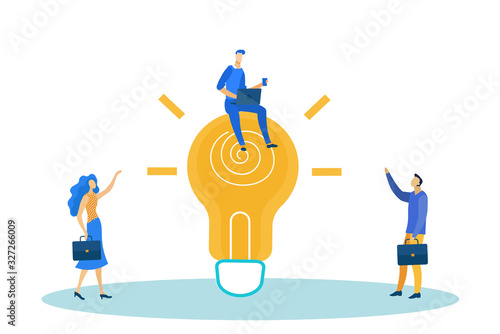 Man Sitting on Big Light Bulb and Working on Laptop, Generating Ideas in Business Flat Cartoon Vector Illustration. Girl and Boy with Briefcases Standing near Huge Lamp. Brainstorming with Collegues.