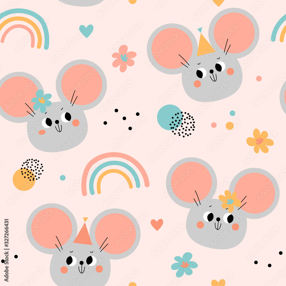 Seamless pattern with cute mouses. Pink background with rainbows, flowers, dots, hearts in pastel colors. Vector hand drawn illustration. For kids, baby shower, gift wrapping paper, fabric.