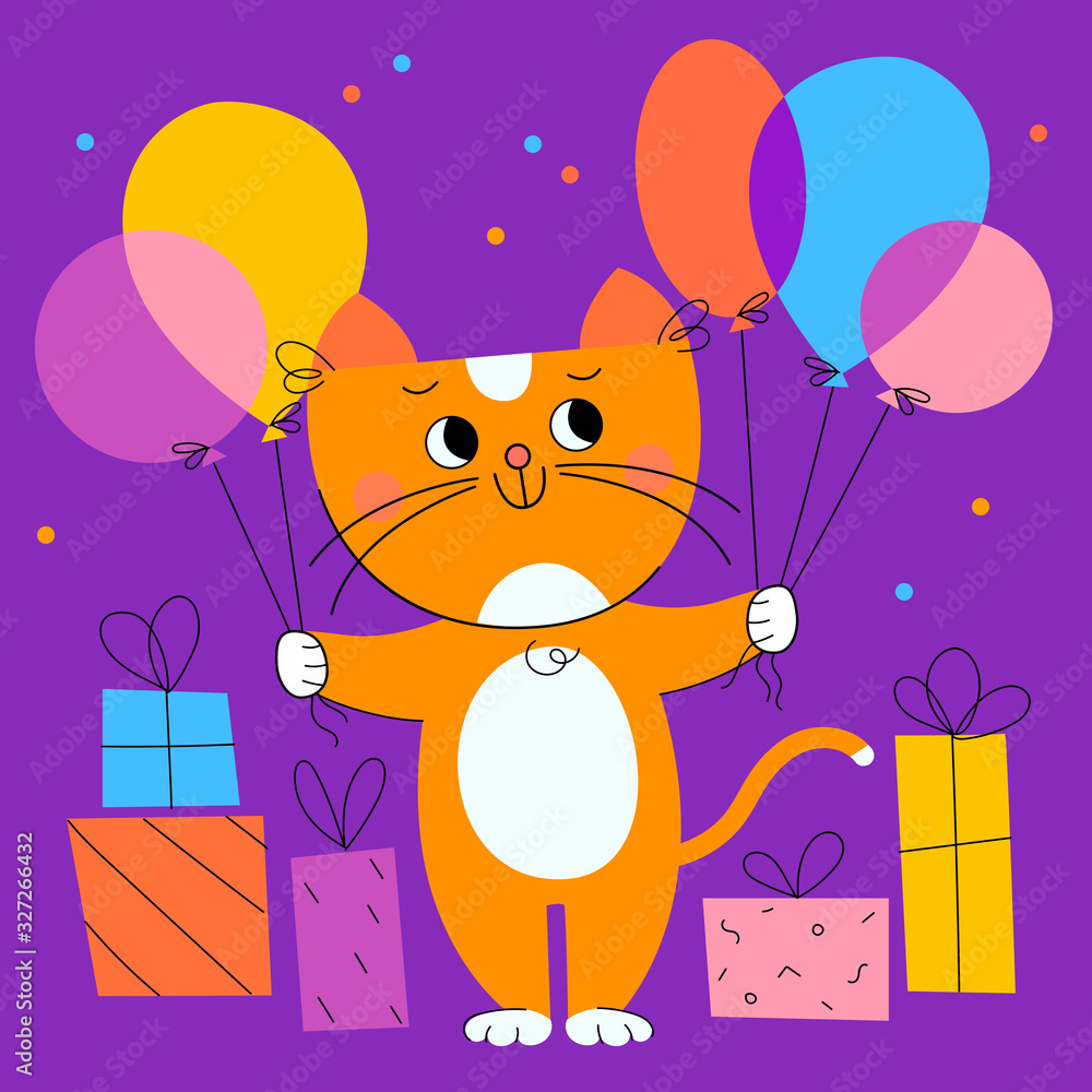 Happy birthday greeting card with cartoon cute cat with helium balloons ...