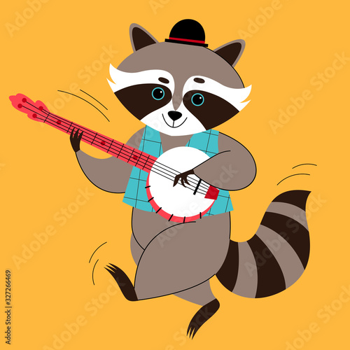 Cute racoon playing banjo. Country music. Retro cartoon style. Children vector illustration.