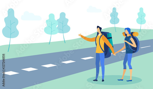 Man and Woman Hitchhiker Traveling with Backpack Flat Cartoon Vector Illustration. Boy Trying to Stop Car on Highway by Hand, People Travelling by Autostop. Couple Standing near Road.