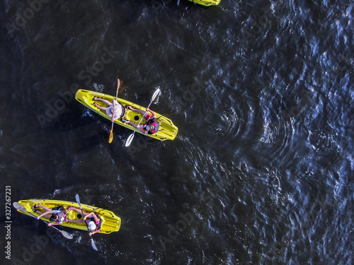 Kayaking on hudson river, aerial photography