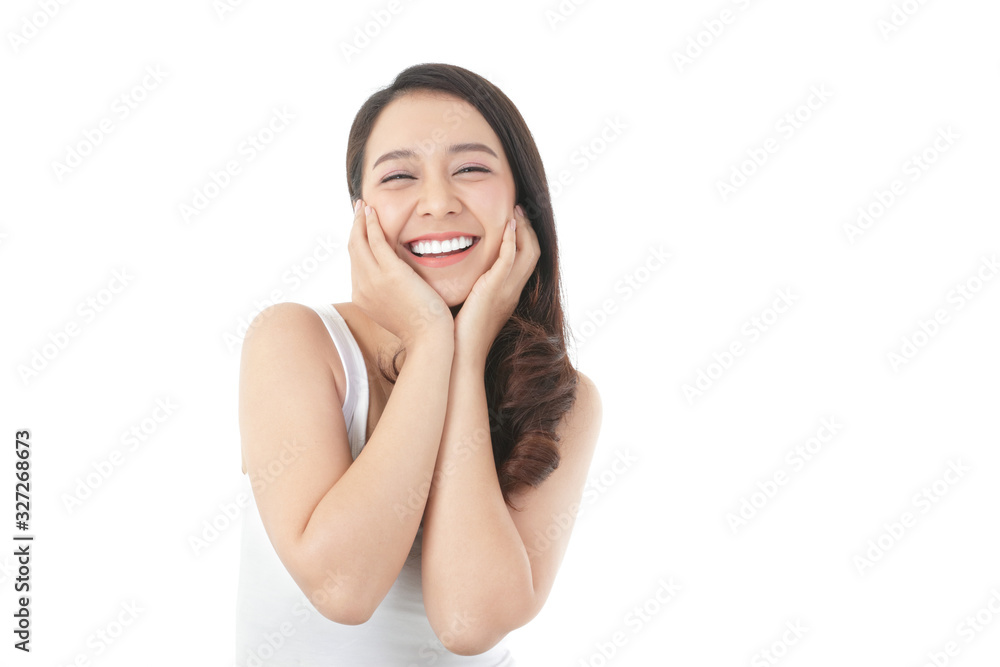 Beautiful Asian women feel happy. She takes care of the body and uses skin care creams to stay healthy. Beauty concept. White background Beautiful Asian women feel happy. She takes care of the body and uses skin care creams to stay healthy. Beauty concept. White background