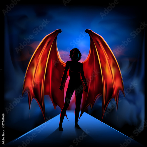 Silhouette of a woman with fiery wings on a background of dark clouds. Illustration, vector. EPS-10.