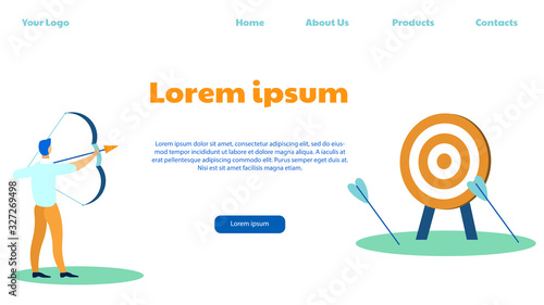 Target Marketing Flat Cartoon Banner Vector Illustration. Businessman Shooting Bow, Trying to Reach Aim. Goal Achievement, Customers Targeting. Objective Accomplishment. Challanges at Work Web Design.