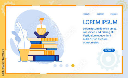Lifelong Ongoing Education. Young Office Employee, Lacking Knowledge, Sitting on Pile Books with Laptop, Keeps Learning Constantly for Personal and Professional Reasons. Conceptual Landing Page.