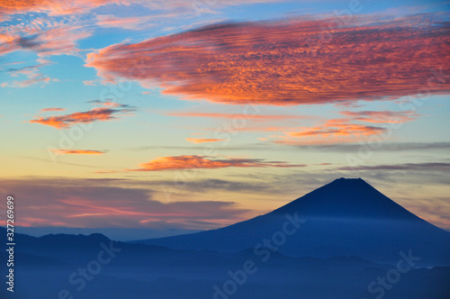 富士山 朝焼 雲 風景 赤 青 空