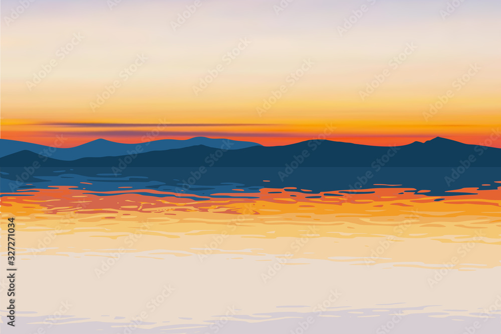 Fantasy on the theme of the sea landscape, summer vacation. The mountains on the horizon, the picturesque sunset sky, a beautiful reflection in the water.