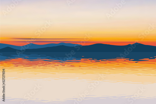Fantasy on the theme of the sea landscape  summer vacation. The mountains on the horizon  the picturesque sunset sky  a beautiful reflection in the water.