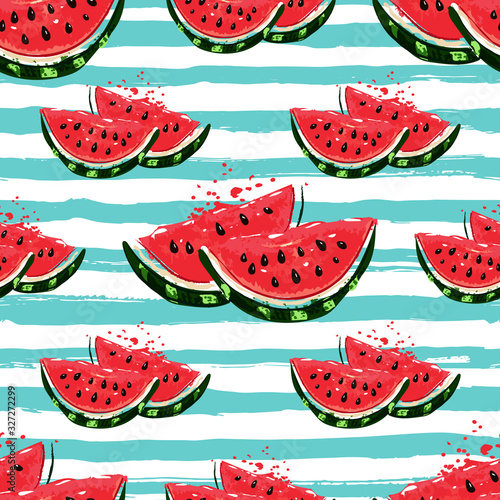 Watermelon seamless pattern, Hand-drawn juicy watermelon slices on an isolated striped background. Watercolor stylization, Vector illustration