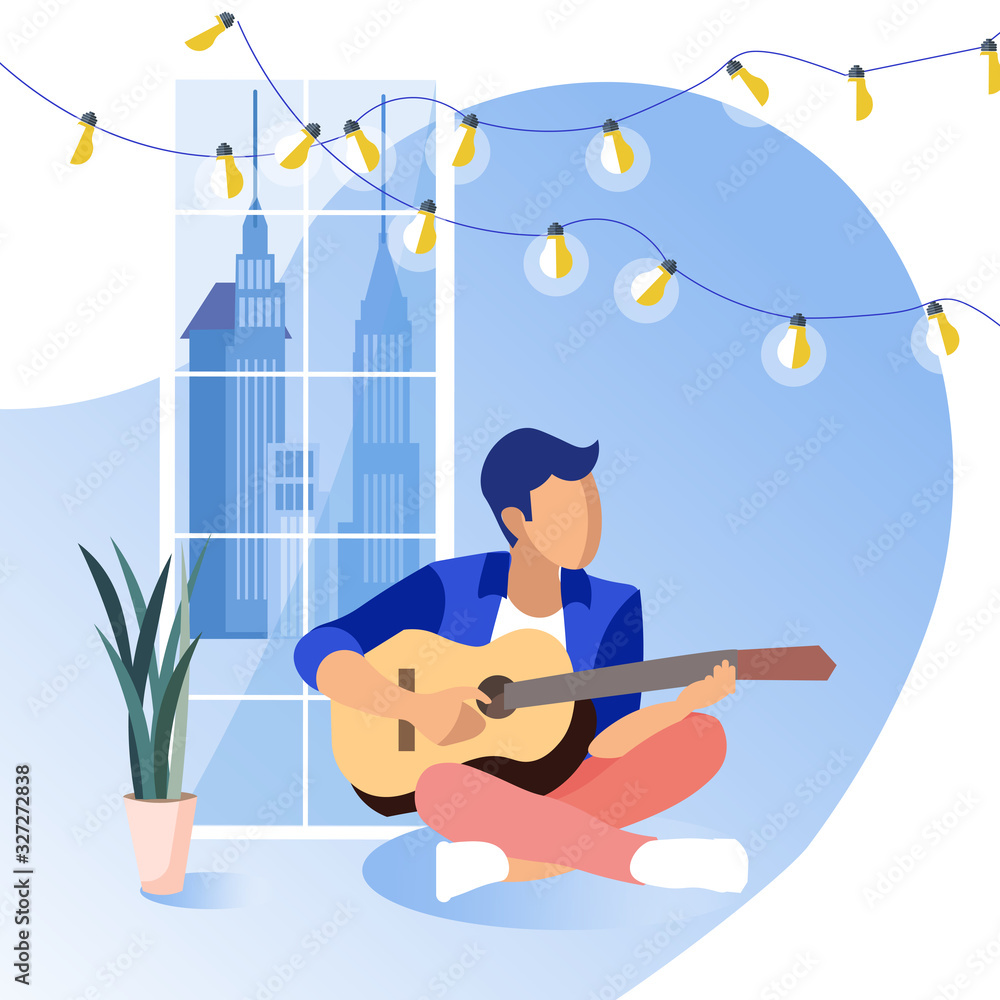 Obraz premium Young Guy Sitting on Floor Playing Guitar on Background Big Window. Coworking Center. Hobby Young People. Vector Illustration. Time Rest. Presentation New Song. Modern Interior Room.