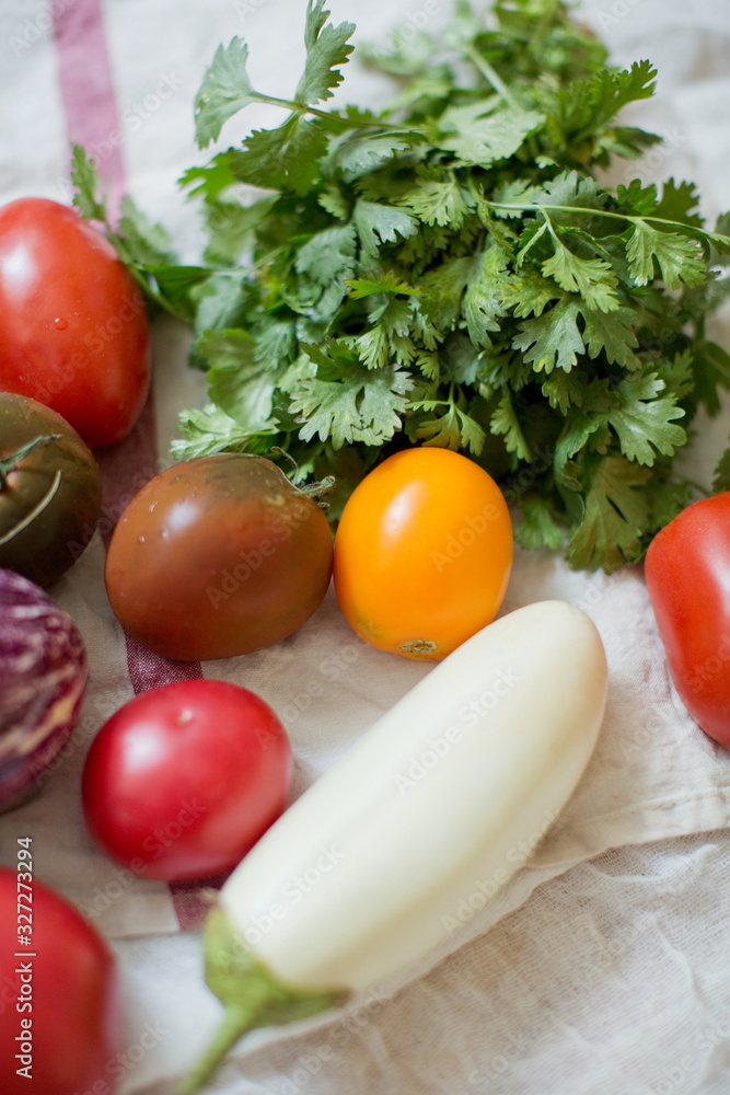 Fresh raw eggplants, tomatoes and parsley Fresh raw eggplants, tomatoes and parsley