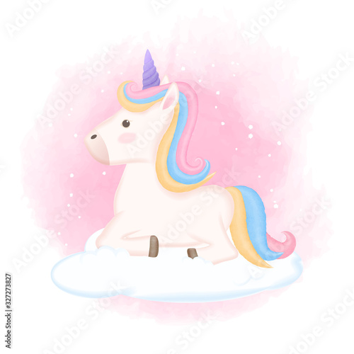 Cute unicorn sitting on cloud hand drawn animal watercolor illustration