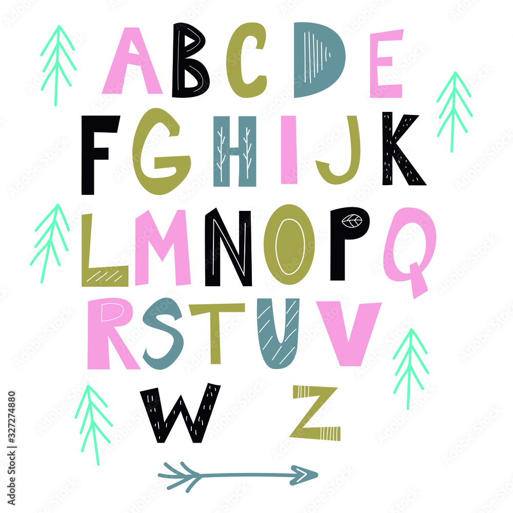 Alphabet hand drawn letters in folk style. Scandinavian Style Font. Ornate black font, typography set. Black and white nursery poster with hand drawn letters. Abc Design element for poster, card, ban Alphabet hand drawn letters in folk style. Scandinavian Style Font. Ornate black font, typography set. Black and white nursery poster with hand drawn letters. Abc Design element for poster, card, ban