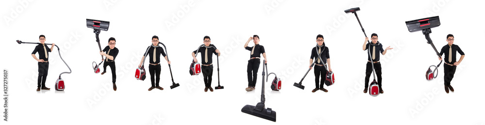 Man with vacuum cleaner isolated on white Man with vacuum cleaner isolated on white