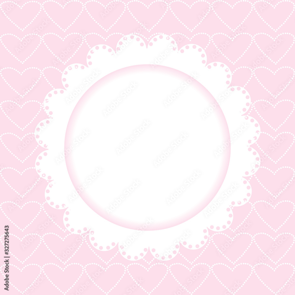 Romantic background with hearts and round frame for Valentines Day greeting card or wedding invitation