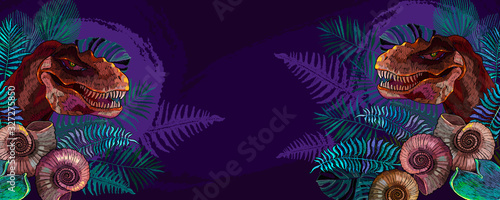 Tyrannosaurus rex head, ammonite fossil and palm leaves. Archeology and paleontology banner. Template for design. Prehistoric life of dinosaurs
