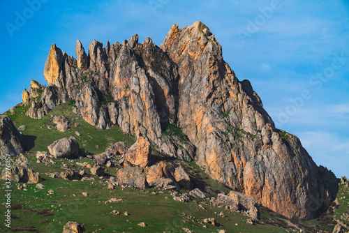 Rocky peak of holy mountain Beshbarmag located in Azerbaijan photo