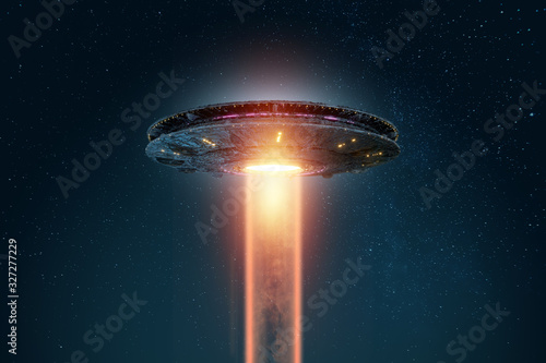 Fototapeta Naklejka Na Ścianę i Meble -  UFO, an alien plate soars in the sky, hovering motionless in the air. Unidentified flying object, alien invasion, extraterrestrial life, space travel, humanoid spaceship. 3D render, 3D illustration