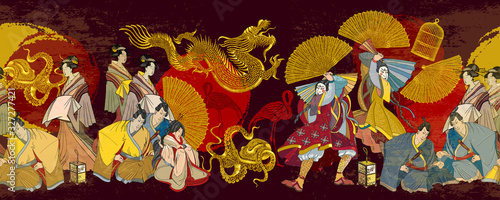Photo Golden dagon, samurai and geishas