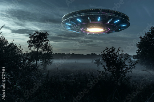 UFO, an alien plate hovering over the field, hovering motionless in the air. Unidentified flying object, alien invasion, extraterrestrial life, space travel, humanoid spaceship. mixed medium