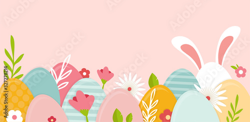 Happy Easter banner. Greeting card, poster or banner with bunny, flowers and Easter egg. Egg hunt poster. Spring background