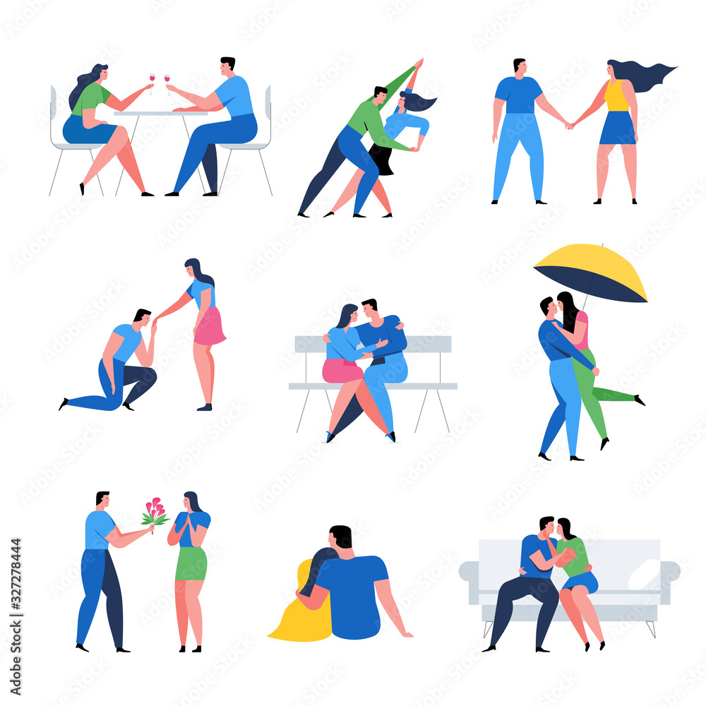 Romantic couple concepts set. Relationship of woman and man. Romantic date cartoon banner. Flat Vector Illustration