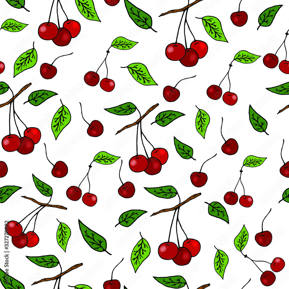 Seamless pattern with cherry berries, leaves. Vector hand drawn illustration. Endless texture for your bright design. Seamless pattern with cherry berries, leaves. Vector hand drawn illustration. Endless texture for your bright design.