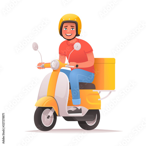 Fast and free delivery. Cheerful courier rides a scooter and carries pizza. Food service. Vector illustration