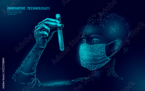 Woman doctor scientists hold test tube. Safety medical mask virus protection vaccine. Developing pandemic coronavirus pneumonia treatment. Healthcare immunization research vector illustration