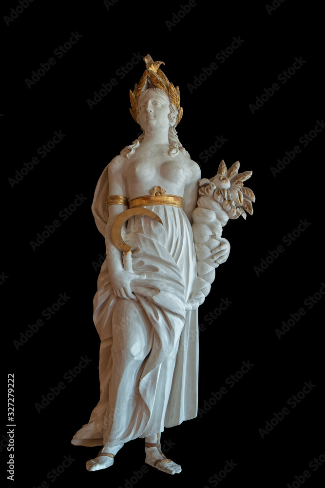 Naklejka premium Isolated on a black background - Roman goddess of yield in a golden crown of bay leaves.
