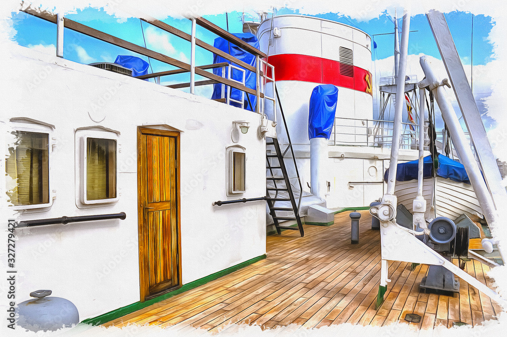 Imitation of a picture. Oil paint. Illustration. Deck of ship