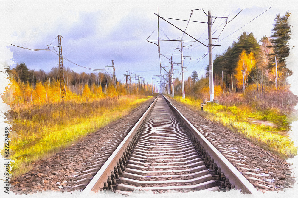 Imitation of a picture. Oil paint. Illustration. Railroad. Autumn Imitation of a picture. Oil paint. Illustration. Railroad. Autumn