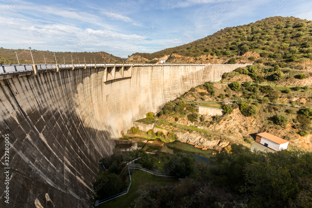 Lora del Rio, Spain. The dam and reservoir of Jose Toran, a water reservoir in the river Guadalbarcar built in 1992