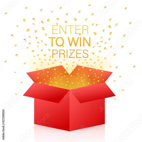 Enter to Win Prizes. Open Red Gift Box and Confetti. Vector stock Illustration.